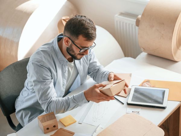 Man working on prototypes in paper and cardboard at desk